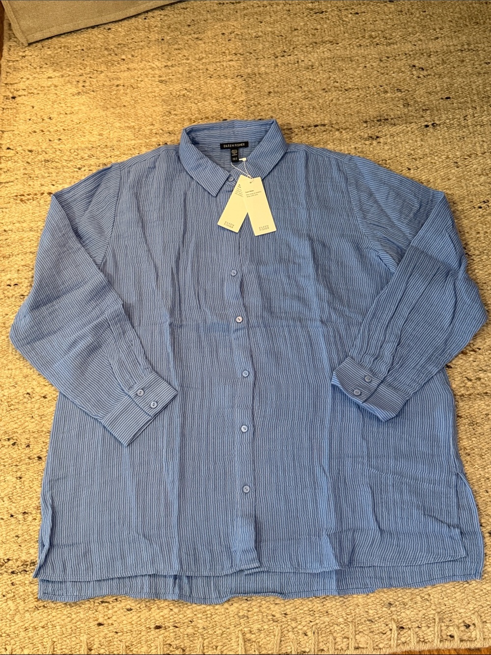 NWT Eileen Fisher Cotton Gauze Striped Classic Collar Shirt - Cornflower - Picture 2 of 6